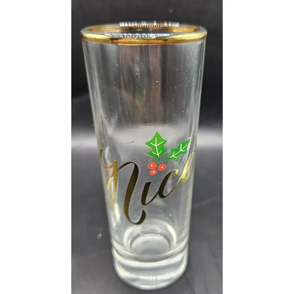 Pottery Barn Naughty & Nice Christmas Shot Glasses Gift Set Gold Rim BarWare